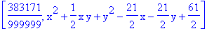[383171/999999, x^2+1/2*x*y+y^2-21/2*x-21/2*y+61/2]
